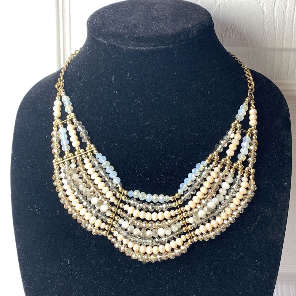 Multi Strand Crystal Bead Bib Necklace Gold Statement Wedding Glam